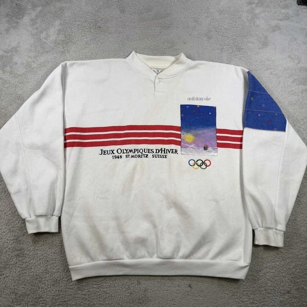 Vintage Adidas Olympics Sweatshirt Mens 2XL White Moscow 1980 Fleece Pullover